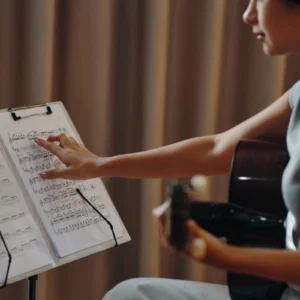 Person playing guitar, reading sheet music.